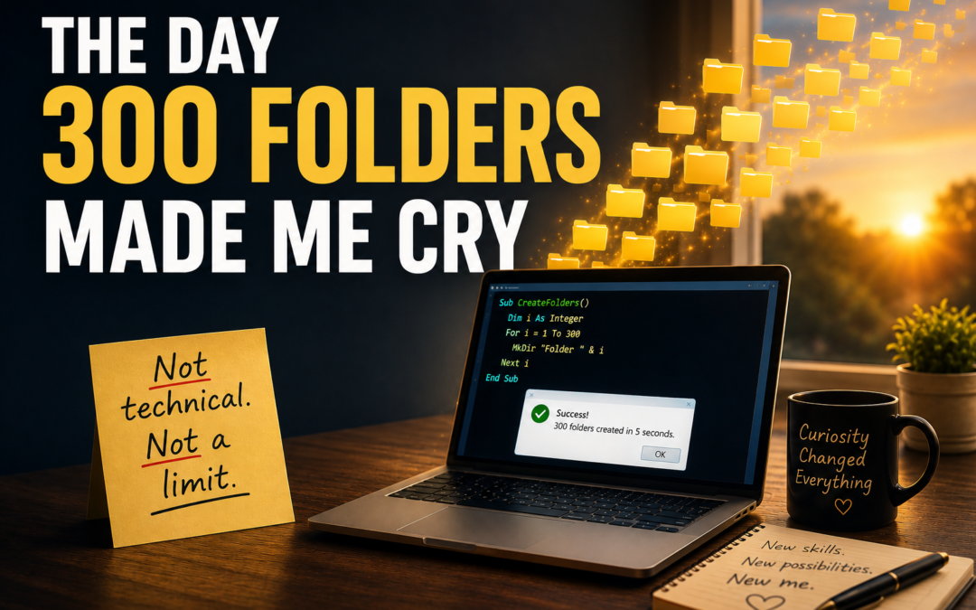 Laptop displaying a VBA script creating 300 folders, with glowing folder icons and a sticky note reading "Not technical. Not a limit." representing how AI can empower non-technical professionals.