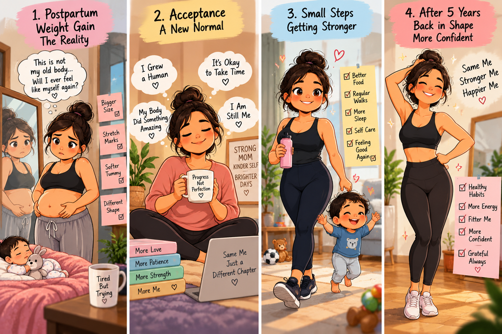 Cartoon illustration showing a mother’s journey from postpartum weight gain and self-doubt to body acceptance, healthier habits, and greater confidence after five years.