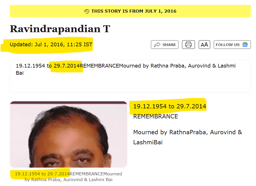 TOI AD Date change after an year. The date has been incorrectly updated in The Times of India after a year of remembrance. The correct date is 29.6.2014, not 29.7.2014.